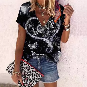 Женский топ, летний новый модный повседневный топ с короткими рукавами и застежкой-молнией с цветочным принтом розы и v-образным вырезом XS зелёный