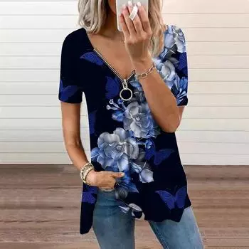 Женский топ, летний новый модный синий диагональный топ с розовым принтом, повседневный топ на молнии с v-образным вырезом и короткими рукавами XS фиолетовый