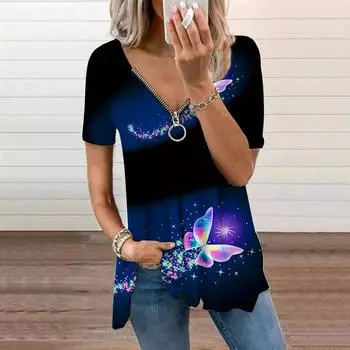 Женский топ, летний новый модный синий кристалл с принтом бабочки, повседневный топ на молнии с v-образным вырезом и короткими рукавами XS фиолетовый