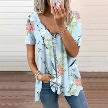Женский топ, летний новый модный синий полый топ с цветочным принтом, повседневный топ на молнии с v-образным вырезом и короткими рукавами XS синий
