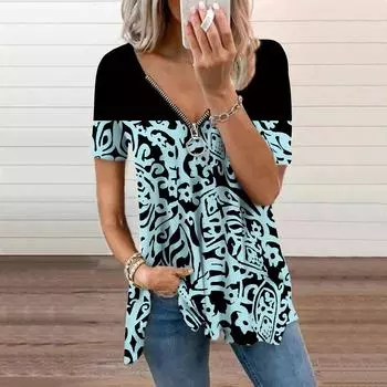 Женский топ, летний новый модный синий топ с изогнутым узором и принтом, повседневный топ на молнии с v-образным вырезом и короткими рукавами XS синий