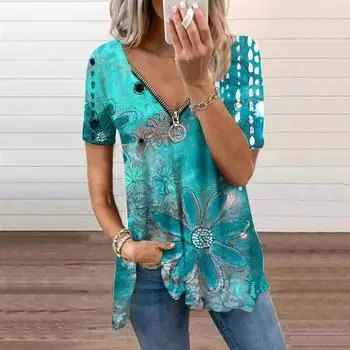 Женский топ, летний новый модный синий топ с принтом ромашки, повседневный топ на молнии с v-образным вырезом и короткими рукавами XS красный