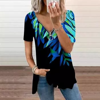Женский топ, летний новый модный синий топ с принтом листьев бамбука, повседневный топ на молнии с v-образным вырезом и короткими рукавами XS синий