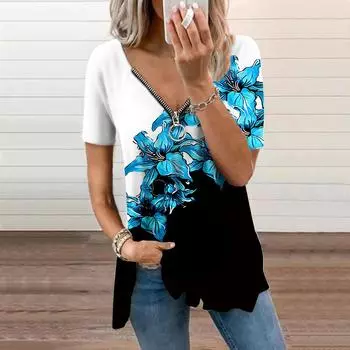 Женский топ, летний новый модный синий топ с жимолостью и принтом, повседневный топ на молнии с v-образным вырезом и короткими рукавами XS красный