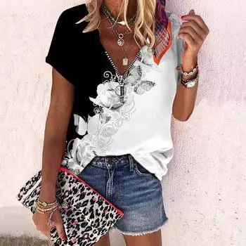 Женский топ, летний новый модный топ с цветком розы, белыми цветами и принтом, повседневный топ на молнии с v-образным вырезом и короткими рукавами XS чёрный