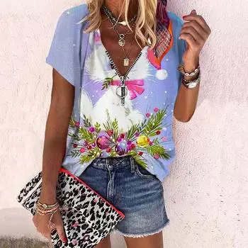 Женский топ, летний новый модный топ с розами и различными кошками, повседневный топ на молнии с v-образным вырезом и короткими рукавами XS серебряный