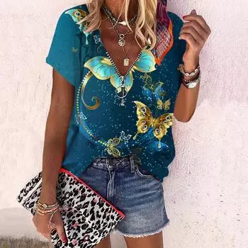 Женский топ, летний новый модный топ с яркими бабочками и принтом розы, повседневный топ на молнии с v-образным вырезом и короткими рукавами XS синий