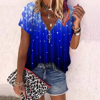 Женский топ, летний новый модный топ с блестящими звездами и принтом розы, повседневный топ на молнии с v-образным вырезом и короткими рукавами XS синий