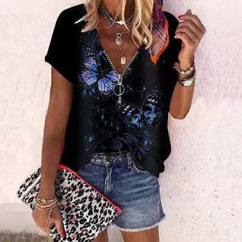 Женский топ, летний новый модный топ с цветком розы, синей бабочкой и принтом, повседневный топ на молнии с v-образным вырезом и короткими рукавами XS жёлтый