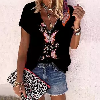 Женский топ, летний новый модный топ с светящимися бабочками и принтом розы, повседневный топ на молнии с v-образным вырезом и короткими рукавами XS золотой