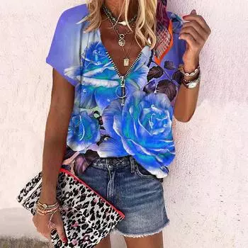 Женский топ, летний новый модный топ с цветком розы, повседневный топ с короткими рукавами и застежкой-молнией с v-образным вырезом и ярким розовым принтом XS синий