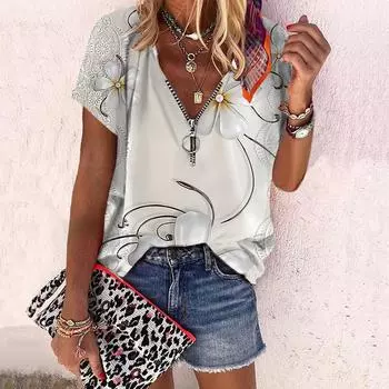 Женский топ, летний новый модный топ с цветком розы, белыми цветами и принтом, повседневный топ на молнии с v-образным вырезом и короткими рукавами XS белый