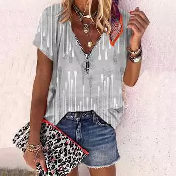 Женский топ, летний новый модный топ с розовым цветком и золотой линией, повседневный топ на молнии с v-образным вырезом и короткими рукавами XS синий