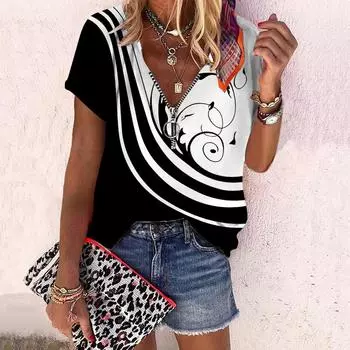 Женский топ, летний новый модный топ с черным узором и цветком розы, повседневный топ на молнии с v-образным вырезом и короткими рукавами 7XL светло-зеленый