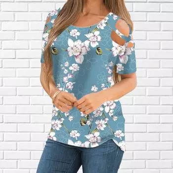 Женский топ, летний новый модный топ с цветком розы, красивый маленький цветочный принт, повседневный топ на молнии с v-образным вырезом и короткими рукавами XS синий
