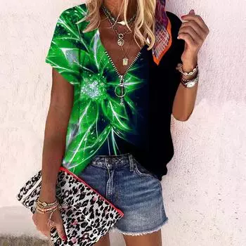 Женский топ, летний новый модный топ с зелеными лучами и принтом розы, повседневный топ на молнии с v-образным вырезом и короткими рукавами XS зелёный