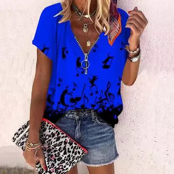 Женский топ, летний новый модный топ с розами и танцевальными нотами, повседневный топ на молнии с v-образным вырезом и короткими рукавами XS синий