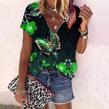 Женский топ, летний новый модный топ с цветком розы и летящей бабочкой, повседневный топ на молнии с v-образным вырезом и короткими рукавами XS светло-синий