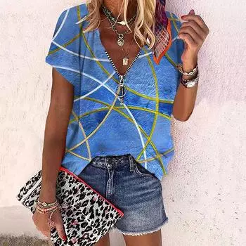 Женский топ, летний новый модный топ с розовым цветком и золотой линией, повседневный топ на молнии с v-образным вырезом и короткими рукавами XS синий