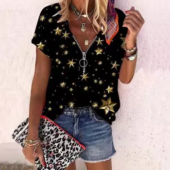Женский топ, летний новый модный топ с розами и различными звездами, повседневный топ на молнии с v-образным вырезом и короткими рукавами XS золотой