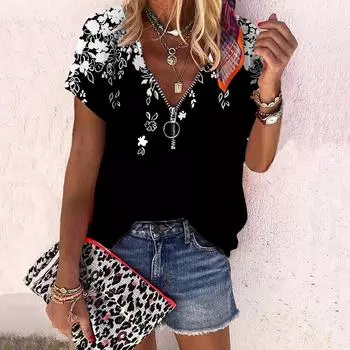 Женский топ, летний новый модный топ с падающими цветами и принтом розы, повседневный топ на молнии с v-образным вырезом и короткими рукавами XS синий