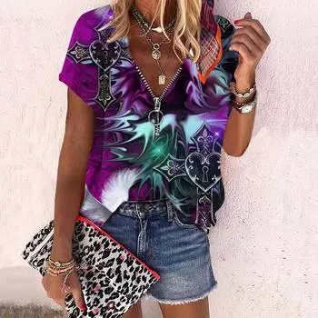 Женский топ, летний новый модный топ с розами, ежевикой и принтом роз, повседневный топ на молнии с v-образным вырезом и короткими рукавами XS фиолетовый