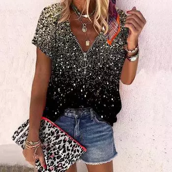 Женский топ, летний новый модный топ с розами и ромбовидным узором, повседневный топ на молнии с v-образным вырезом и короткими рукавами XS золотой