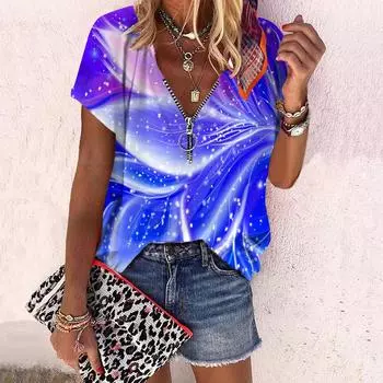 Женский топ, летний новый модный топ с принтом розы и лисьим хвостом, повседневный топ на молнии с v-образным вырезом и короткими рукавами XS синий