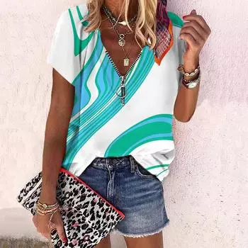 Женский топ, летний новый модный топ с розами, свежая цветовая гамма, повседневный топ на молнии с v-образным вырезом и коротким рукавом с принтом XS синий