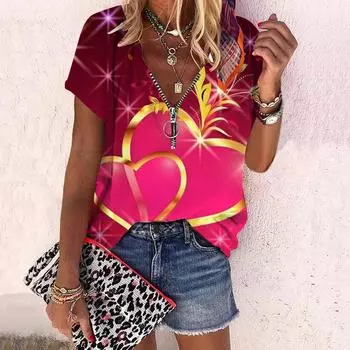 Женский топ, летний новый модный топ с цветком розы и принтом Love, повседневный топ на молнии с v-образным вырезом и короткими рукавами XS синий