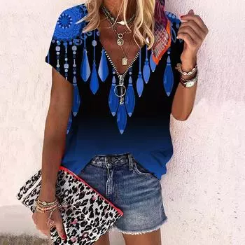 Женский топ, летний новый модный топ с цветком розы, синий кулон с принтом, повседневный топ на молнии с v-образным вырезом и короткими рукавами XS синий