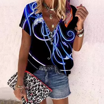 Женский топ, летний новый модный топ с цветком розы, синий, с легким принтом, повседневный топ на молнии с v-образным вырезом и короткими рукавами XS синий