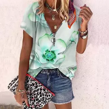 Женский топ, летний новый модный топ с объемным цветочным принтом и цветочным принтом, повседневный топ на молнии с v-образным вырезом и короткими рукавами XS синий