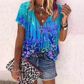 Женский топ, летний новый модный топ с красивым лесным принтом, повседневный топ на молнии с v-образным вырезом и короткими рукавами XS розовый