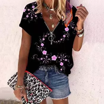 Женский топ, летний новый модный топ с милым маленьким цветком и принтом розы, повседневный топ на молнии с v-образным вырезом и короткими рукавами XS синий