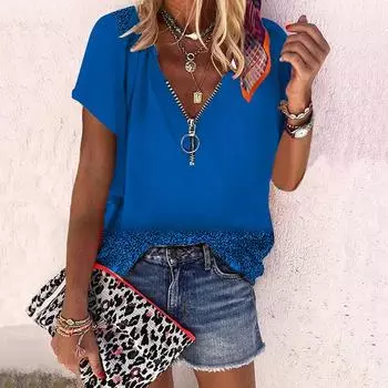 Женский топ, летний новый модный топ с синим узором и цветком розы, повседневный топ на молнии с v-образным вырезом и короткими рукавами XS синий