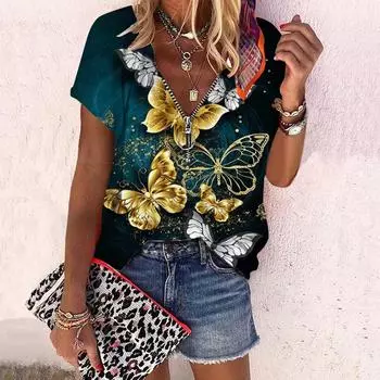 Женский топ, летний новый модный топ с розами и золотой бабочкой, повседневный топ на молнии с v-образным вырезом и короткими рукавами XS синий
