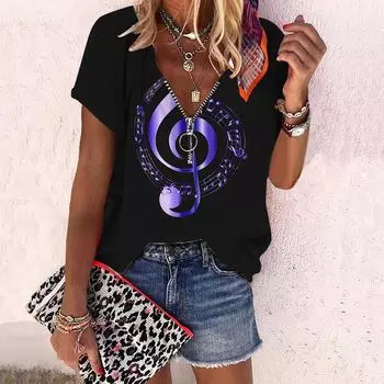 Женский топ, летний новый модный топ с розами, фиолетовыми цветами и принтом, повседневный топ на молнии с v-образным вырезом и короткими рукавами XS синий