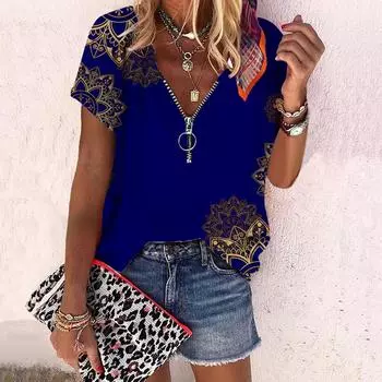 Женский топ, летний новый модный топ с розами и подсолнечником, повседневный топ на молнии с v-образным вырезом и короткими рукавами XS синий
