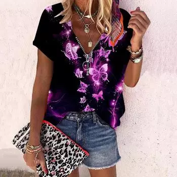 Женский топ, летний новый модный топ с светящимися бабочками и принтом розы, повседневный топ на молнии с v-образным вырезом и короткими рукавами XS розовый