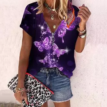 Женский топ, летний новый модный топ с цветком розы и летящей бабочкой, повседневный топ на молнии с v-образным вырезом и короткими рукавами XS золотой