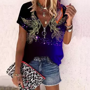 Женский топ, летний новый модный топ с цветком розы, золотой птицей и принтом, повседневный топ на молнии с v-образным вырезом и короткими рукавами XS синий