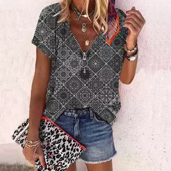 Женский топ, летний новый модный топ с розами в стиле ретро и принтом, повседневный топ на молнии с v-образным вырезом и короткими рукавами XS синий