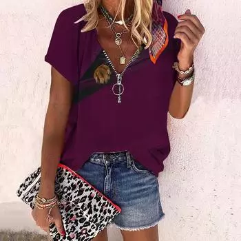 Женский топ, летний новый модный топ с розами, кошачьими когтями и принтом, повседневный топ на молнии с v-образным вырезом и короткими рукавами XS зелёный