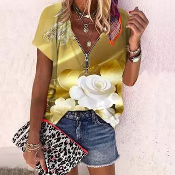 Женский топ, летний новый модный топ с цветочным принтом и застежкой-молнией с v-образным вырезом и короткими рукавами XS синий