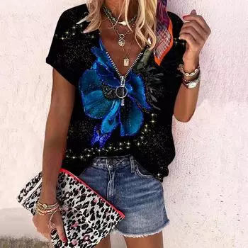 Женский топ, летний новый модный топ с розами, позолоченным цветочным принтом, повседневный топ на молнии с v-образным вырезом и короткими рукавами XS красный