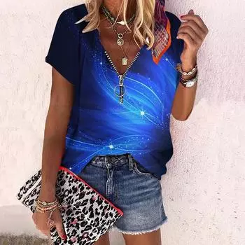 Женский топ, летний новый модный топ с синим узором и цветком розы, повседневный топ на молнии с v-образным вырезом и короткими рукавами XS синий