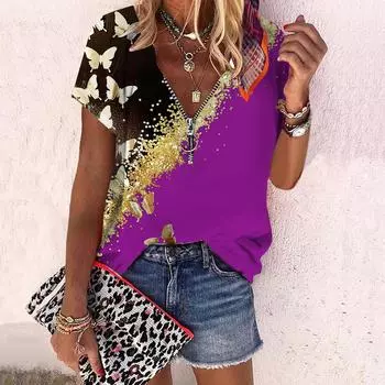 Женский топ, летний новый модный топ с розами и золотой бабочкой, повседневный топ на молнии с v-образным вырезом и короткими рукавами XS фиолетовый