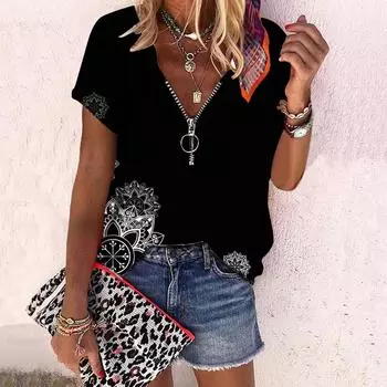 Женский топ, летний новый модный топ с розами и подсолнечником, повседневный топ на молнии с v-образным вырезом и короткими рукавами XS белый