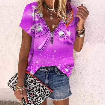 Женский топ, летний новый модный топ с розовым цветком и пенталобом, повседневный топ на молнии с v-образным вырезом и короткими рукавами XS синий